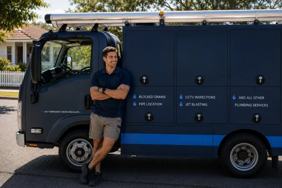 Plumber standing beside a service van in Enmore