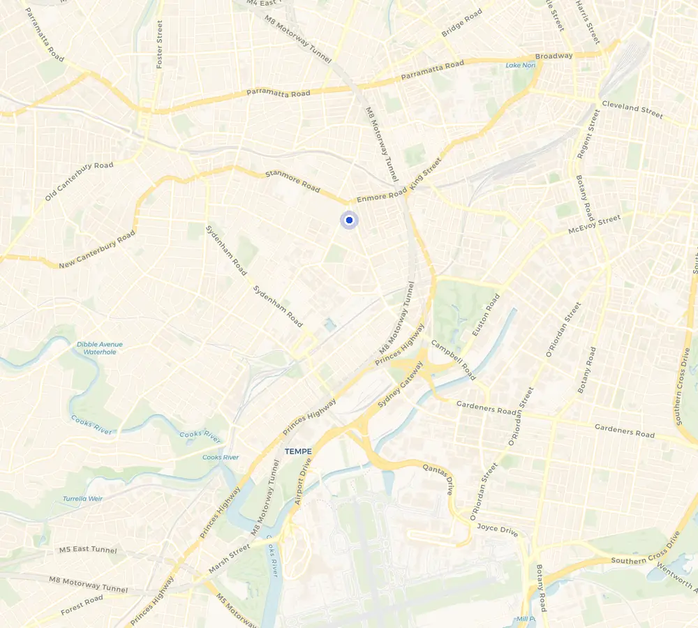Map of the Enmore service area and the surrounding Inner West, showing Enmore and the nearby streets we cover.