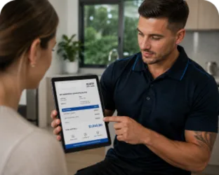 Plumber showing a Enmore customer the quote on a tablet