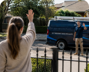 Customer waving goodbye to a Enmore Blocked Drains plumber